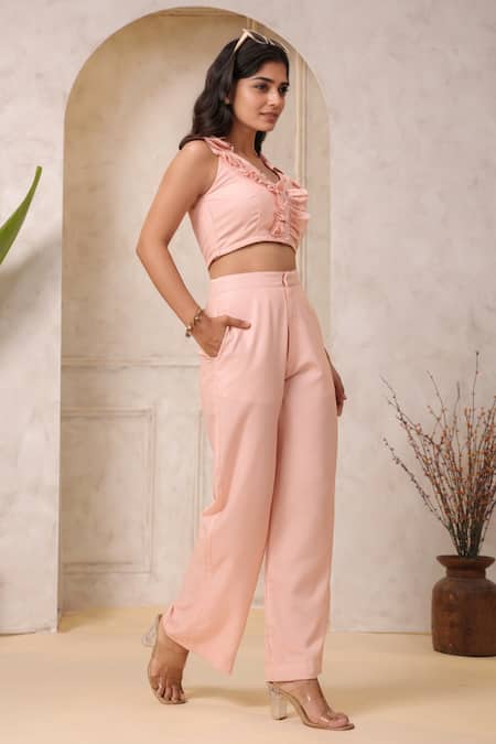 Samyukta Singhania_Peach Cotton Ruffles Halter Neck Crop Top With Pant _Online_at_Aza_Fashions