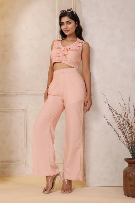 Shop_Samyukta Singhania_Peach Cotton Ruffles Halter Neck Crop Top With Pant _Online_at_Aza_Fashions