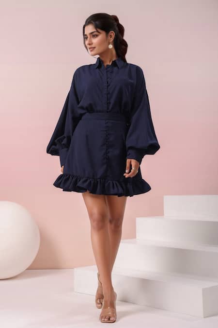 Samyukta Singhania_Navy Georgette Ruffles Collared Balloon Sleeve Shirt With Skirt _Online_at_Aza_Fashions