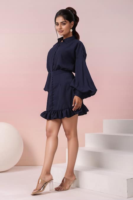 Buy_Samyukta Singhania_Navy Georgette Ruffles Collared Balloon Sleeve Shirt With Skirt _Online_at_Aza_Fashions