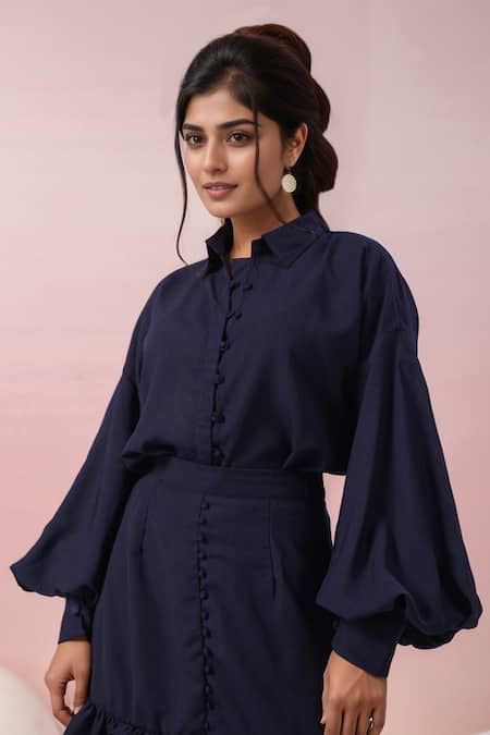 Shop_Samyukta Singhania_Navy Georgette Ruffles Collared Balloon Sleeve Shirt With Skirt _Online_at_Aza_Fashions