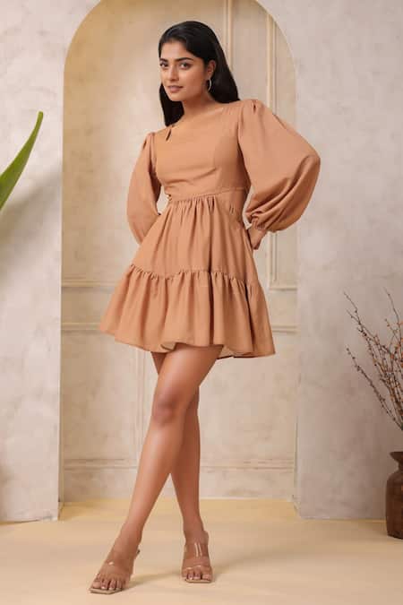 Naintara Bajaj_Brown Cotton Round Neck Tiered Dress _Online_at_Aza_Fashions