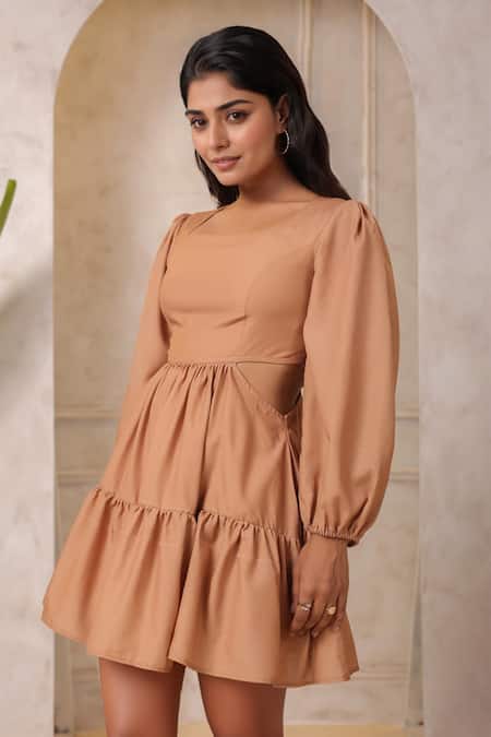 Buy_Naintara Bajaj_Brown Cotton Round Neck Tiered Dress _Online_at_Aza_Fashions