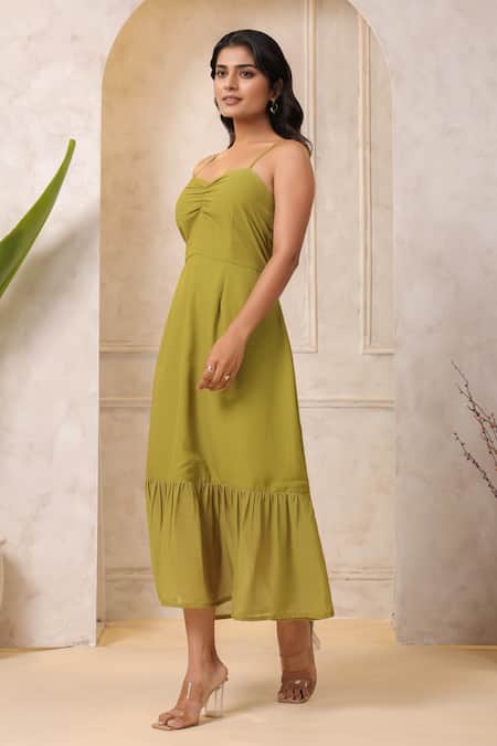Naintara Bajaj_Green Georgette Sweetheart Neck Pear A-line Maxi Dress _Online_at_Aza_Fashions