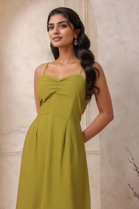 Buy_Naintara Bajaj_Green Georgette Sweetheart Neck Pear A-line Maxi Dress _Online_at_Aza_Fashions