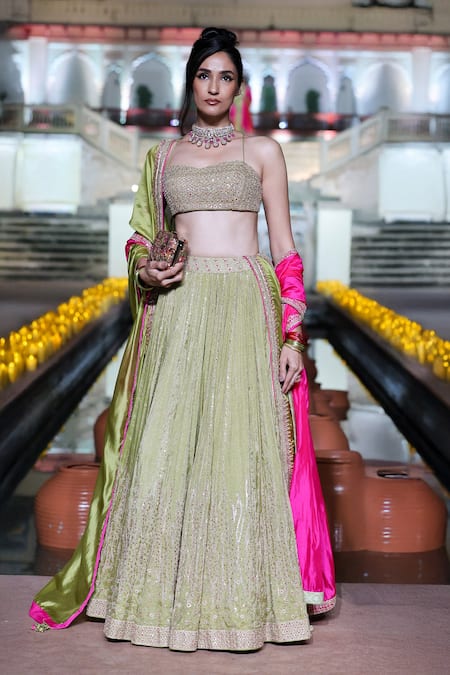 Punit Balana Gold Tissue, Silk Organza Embroidery, Piping Sweetheart Neck Marodi Lehenga Set 