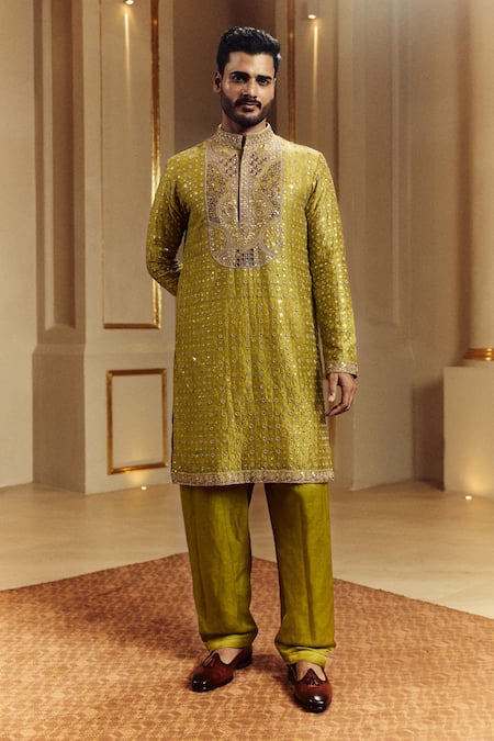 Punit Balana Green Silk Mirrors, Embroidery Kanch Ka Kaam Kurta With Pant