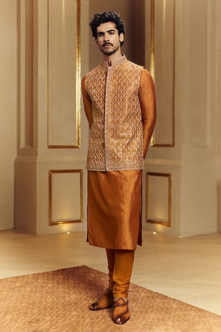 Punit Balana Orange Silk, Lycra Embroidery, Gota Patti Hand Nehru Jacket Set 