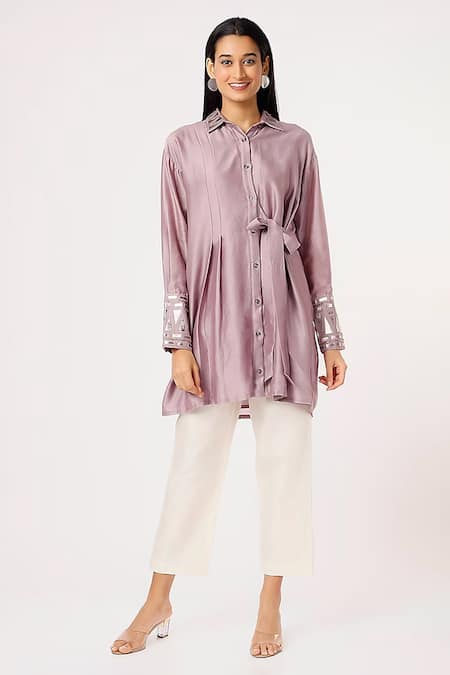 Sandhya Shah Lilac Chanderi Embroidery Collared Flame Shirt Tunic And Pant Set