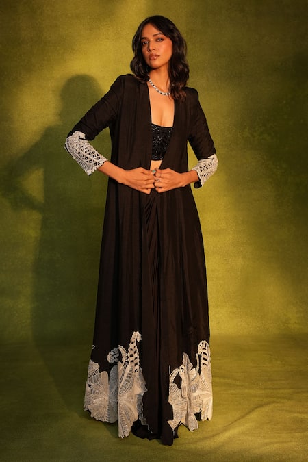 Buy_Ashutosh Joshi_Black Crepe, Net, Satin Embroidery, Beads Open Paisley Work Jacket Pant Set _Online_at_Aza_Fashions