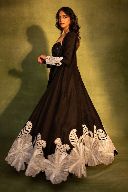 Shop_Ashutosh Joshi_Black Crepe, Net, Satin Embroidery, Beads Open Paisley Work Jacket Pant Set _Online_at_Aza_Fashions