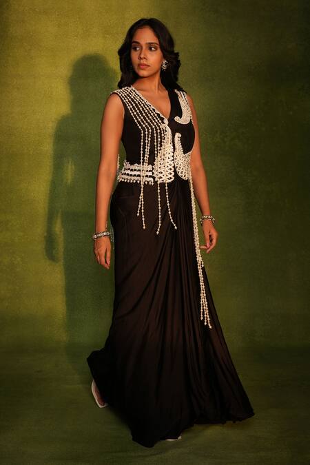 Ashutosh Joshi_Black Bemberg, Satin, Crepe, Silk Pearls, Abstract Cutwork Waistcoat With Skirt _Online_at_Aza_Fashions