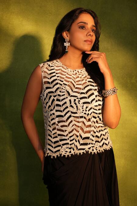 Buy_Ashutosh Joshi_Ivory Net, Bemberg, Crepe, Satin Cut Work, Paisley Cutwork Top And Skirt Set 