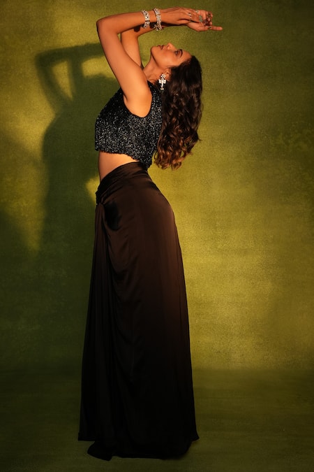 Ashutosh Joshi_Black Net, Bemberg, Satin, Crepe Beads, Embroidery Tassel Work Top And Skirt Set _at_Aza_Fashions