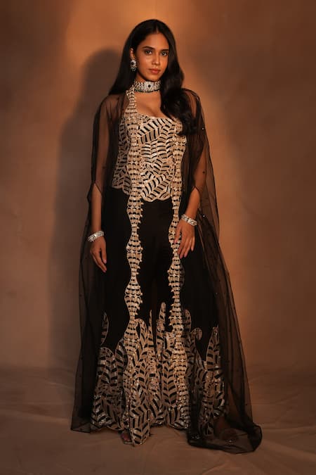 Ashutosh Joshi_Black Crepe, Silk Pearls, Embroidery, Beads, Cut Geometric Cape And Sharara Set _Online_at_Aza_Fashions