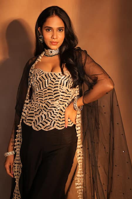 Shop_Ashutosh Joshi_Black Crepe, Silk Pearls, Embroidery, Beads, Cut Geometric Cape And Sharara Set _Online_at_Aza_Fashions