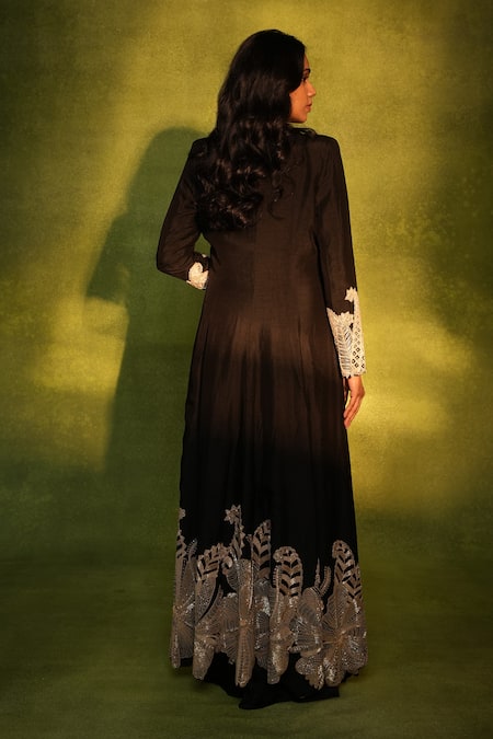Shop_Ashutosh Joshi_Black Silk, Net, Bemberg, Crepe Beads, Embroidery, Placement Jacket And Skirt Set _at_Aza_Fashions