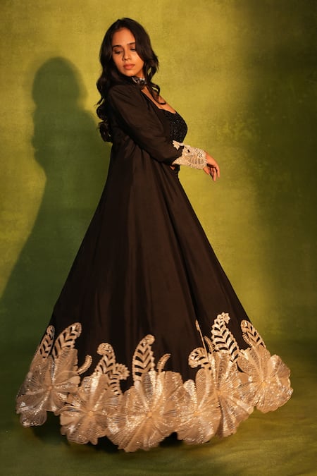 Buy_Ashutosh Joshi_Black Silk, Net, Bemberg, Crepe Beads, Embroidery, Placement Jacket And Skirt Set _Online_at_Aza_Fashions