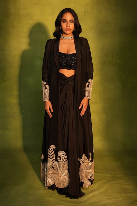 Shop_Ashutosh Joshi_Black Silk, Net, Bemberg, Crepe Beads, Embroidery, Placement Jacket And Skirt Set _Online_at_Aza_Fashions