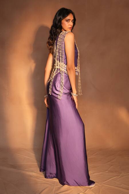 Ashutosh Joshi_Purple Bemberg, Satin, Crepe, Silk Embroidery, Paisley Waistcoat With Skirt _Online_at_Aza_Fashions