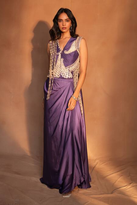 Buy_Ashutosh Joshi_Purple Bemberg, Satin, Crepe, Silk Embroidery, Paisley Waistcoat With Skirt _Online_at_Aza_Fashions