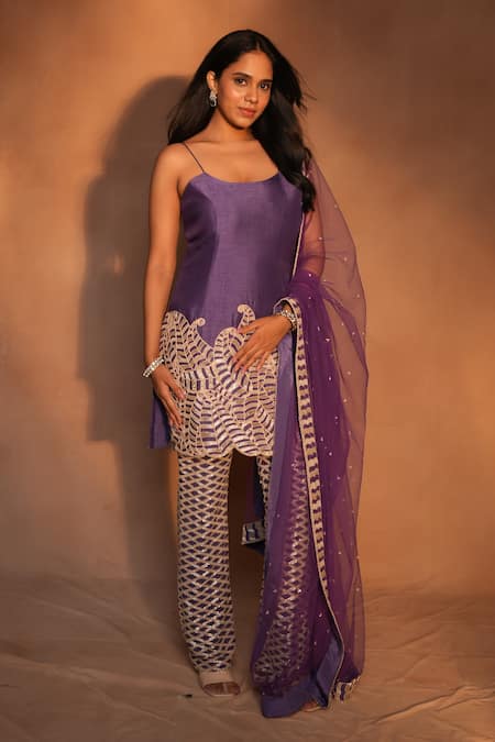 Shop_Ashutosh Joshi_Purple Silk, Net Cut Work, Embroidery, Beads, Zari, Abstract Cutwork Kurta Set _Online_at_Aza_Fashions