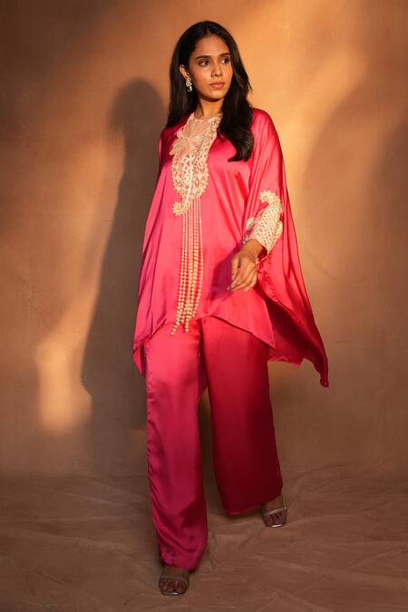Buy_Ashutosh Joshi_Fuchsia Satin, Crepe Beads, Embroidery, Pearls Kaftan With Pant _Online_at_Aza_Fashions