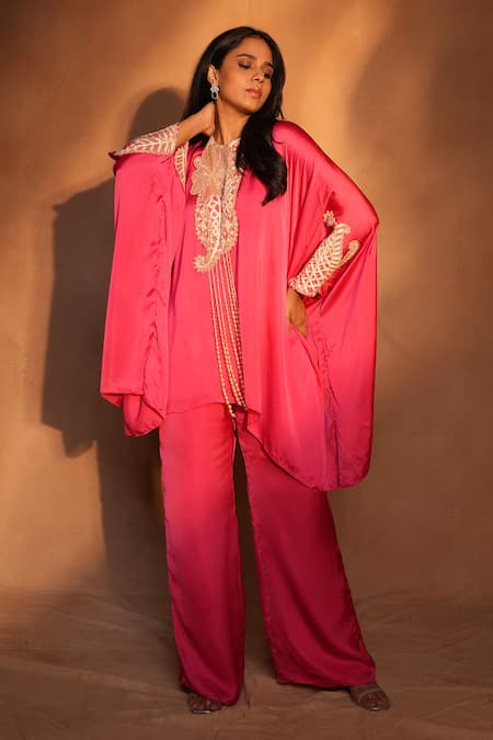 Shop_Ashutosh Joshi_Fuchsia Satin, Crepe Beads, Embroidery, Pearls Kaftan With Pant _Online_at_Aza_Fashions