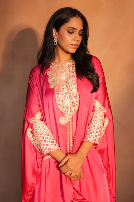 Buy_Ashutosh Joshi_Fuchsia Satin, Crepe Beads, Embroidery, Pearls Kaftan With Pant 