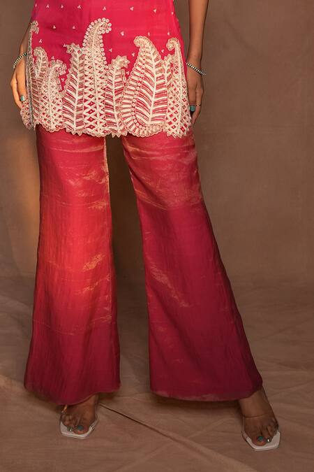 Ashutosh Joshi_Fuchsia Organza, Crepe Embroidery, Beads Round Neck Paisley Kurta And Pant Set _Online_at_Aza_Fashions