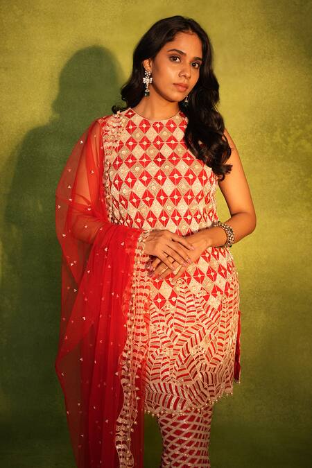 Buy_Ashutosh Joshi_Red Crepe, Net Embroidery, Beads, Pearls Round Neck Abstract Kurta Set _Online_at_Aza_Fashions