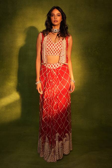 Buy_Ashutosh Joshi_Red Organza, Crepe, Net Sequins, Embroidery, Paisley Cutwork Jackt Skirt Set _Online_at_Aza_Fashions