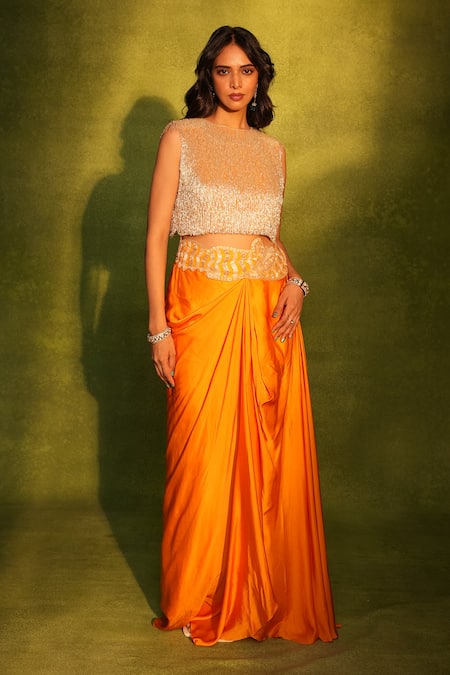 Buy_Ashutosh Joshi_Gold Net, Bemberg, Satin Cut Work, Zari, Embroidery, Cutdana Bustier With Skirt _Online_at_Aza_Fashions