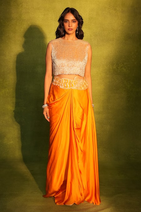 Shop_Ashutosh Joshi_Gold Net, Bemberg, Satin Cut Work, Zari, Embroidery, Cutdana Bustier With Skirt _Online_at_Aza_Fashions