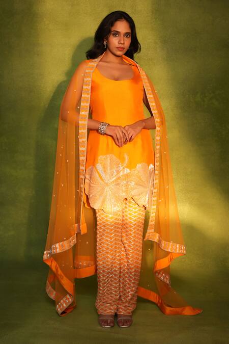 Ashutosh Joshi_Orange Silk, Shantoon, Net Beads, Embroidery, Cut Work, Floral Kurta Set _Online_at_Aza_Fashions