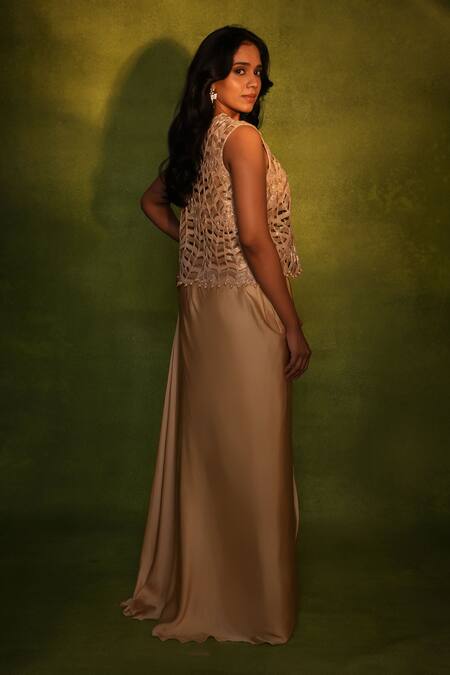 Ashutosh Joshi_Gold Net, Bemberg, Crepe, Satin Pearls, Beads, Abstract Top And Skirt Set _Online_at_Aza_Fashions