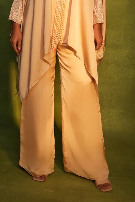 Ashutosh Joshi_Gold Satin, Crepe Beads, Embroidery, Pearls Round Neck Floral Kaftan Set _Online_at_Aza_Fashions