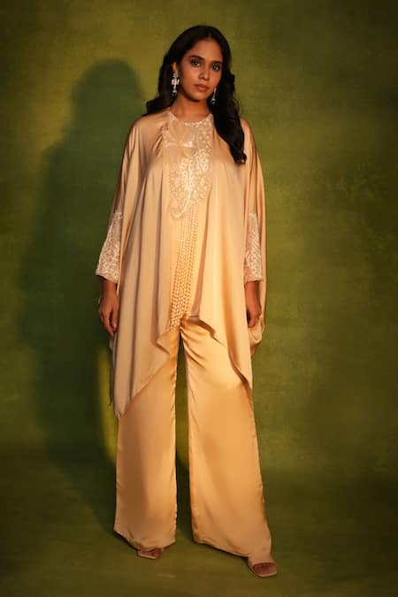 Buy_Ashutosh Joshi_Gold Satin, Crepe Beads, Embroidery, Pearls Round Neck Floral Kaftan Set _Online_at_Aza_Fashions