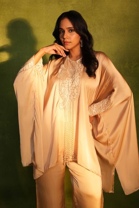 Shop_Ashutosh Joshi_Gold Satin, Crepe Beads, Embroidery, Pearls Round Neck Floral Kaftan Set _Online_at_Aza_Fashions