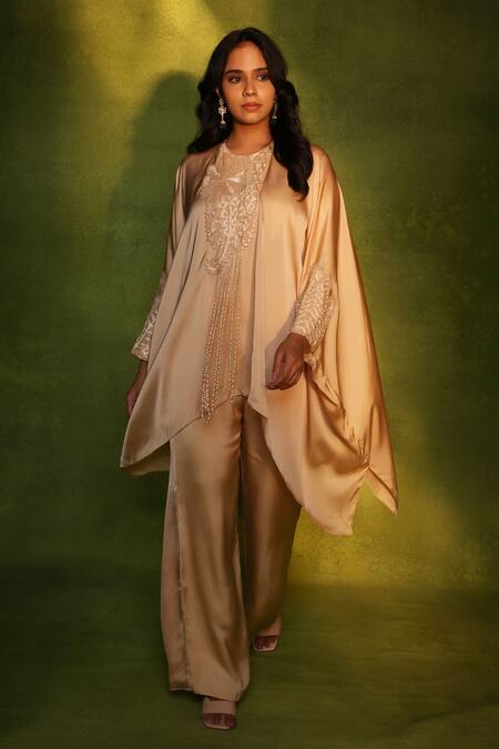 Ashutosh Joshi_Gold Satin, Crepe Beads, Embroidery, Pearls Round Neck Floral Kaftan Set _at_Aza_Fashions