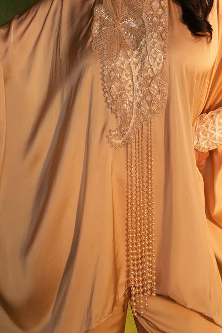 Buy_Ashutosh Joshi_Gold Satin, Crepe Beads, Embroidery, Pearls Round Neck Floral Kaftan Set 