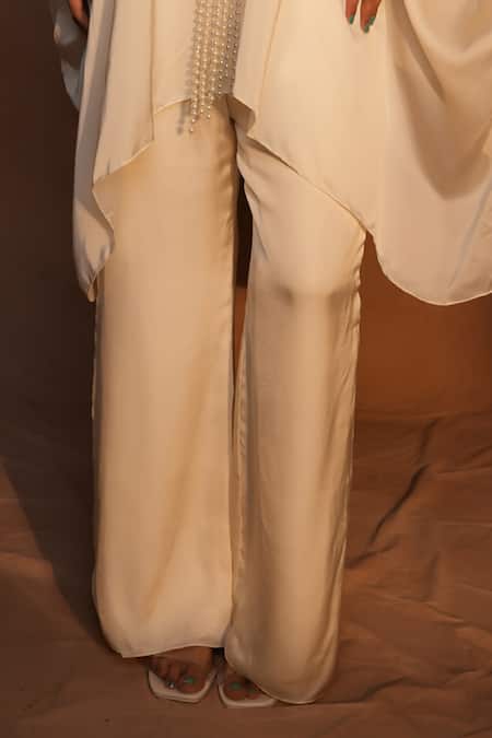 Ashutosh Joshi_Ivory Bemberg, Satin, Net, Crepe Beads, Embroidery, Pearls Kaftan With Pant _Online_at_Aza_Fashions