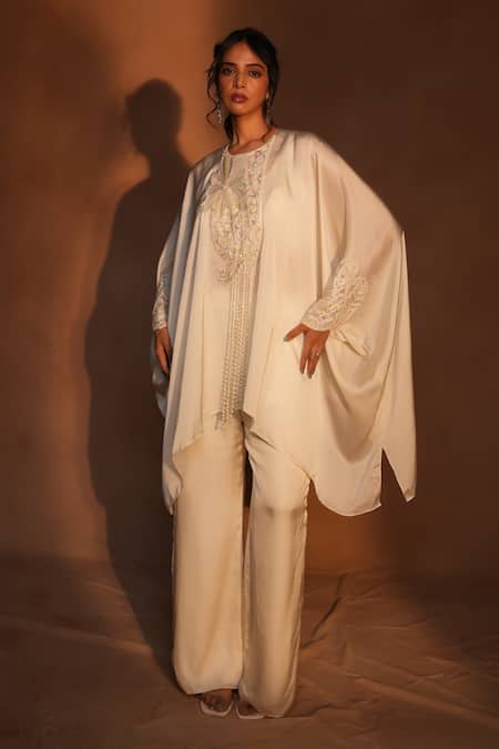 Buy_Ashutosh Joshi_Ivory Bemberg, Satin, Net, Crepe Beads, Embroidery, Pearls Kaftan With Pant _Online_at_Aza_Fashions
