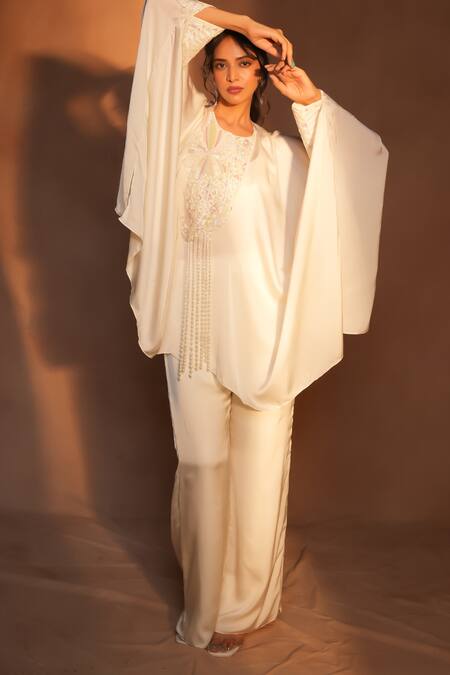 Shop_Ashutosh Joshi_Ivory Bemberg, Satin, Net, Crepe Beads, Embroidery, Pearls Kaftan With Pant _Online_at_Aza_Fashions