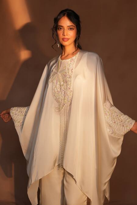 Buy_Ashutosh Joshi_Ivory Bemberg, Satin, Net, Crepe Beads, Embroidery, Pearls Kaftan With Pant 