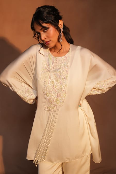 Shop_Ashutosh Joshi_Ivory Bemberg, Satin, Net, Crepe Beads, Embroidery, Pearls Kaftan With Pant 