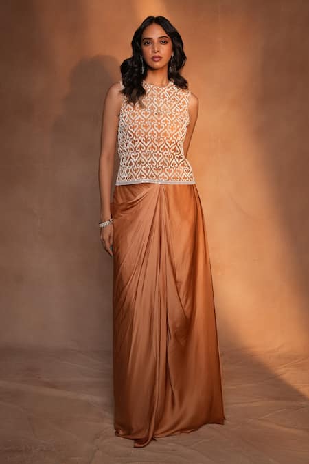 Shop_Ashutosh Joshi_Ivory Net, Bemberg, Satin Beads, Embroidery, Sequins Geometric Top And Skirt Set _Online_at_Aza_Fashions