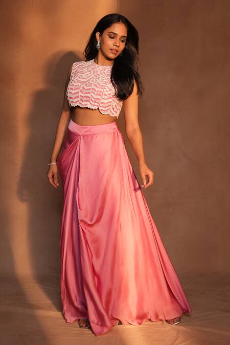 Shop_Ashutosh Joshi_Pink Net, Bemberg, Satin Embroidery, Beads Round Paisley Work Bustier With Skirt _Online_at_Aza_Fashions