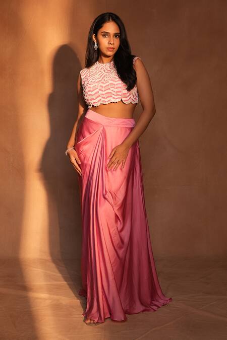 Ashutosh Joshi_Pink Net, Bemberg, Satin Embroidery, Beads Round Paisley Work Bustier With Skirt _at_Aza_Fashions