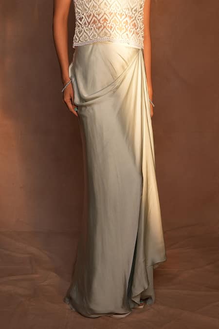 Ashutosh Joshi_Ivory Net, Bemberg, Satin Beads, Embroidery Round Neck, Jaal Top And Skirt Set _Online_at_Aza_Fashions